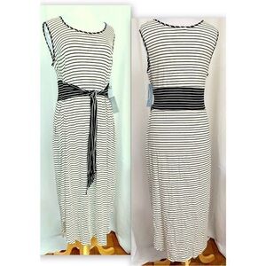 NWT- London Times Woman Black & White Nautical Stripe Tie Waist Tank Dress Sz 2X